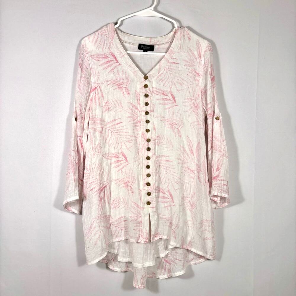 Papillion White and Pink Leaf Crinkled Button Down Tunic Size Medium Y0499